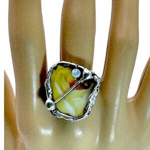 Antique Bavaria Yellow Rose Broken China Ring in Silver-Blend Boho Metalwork